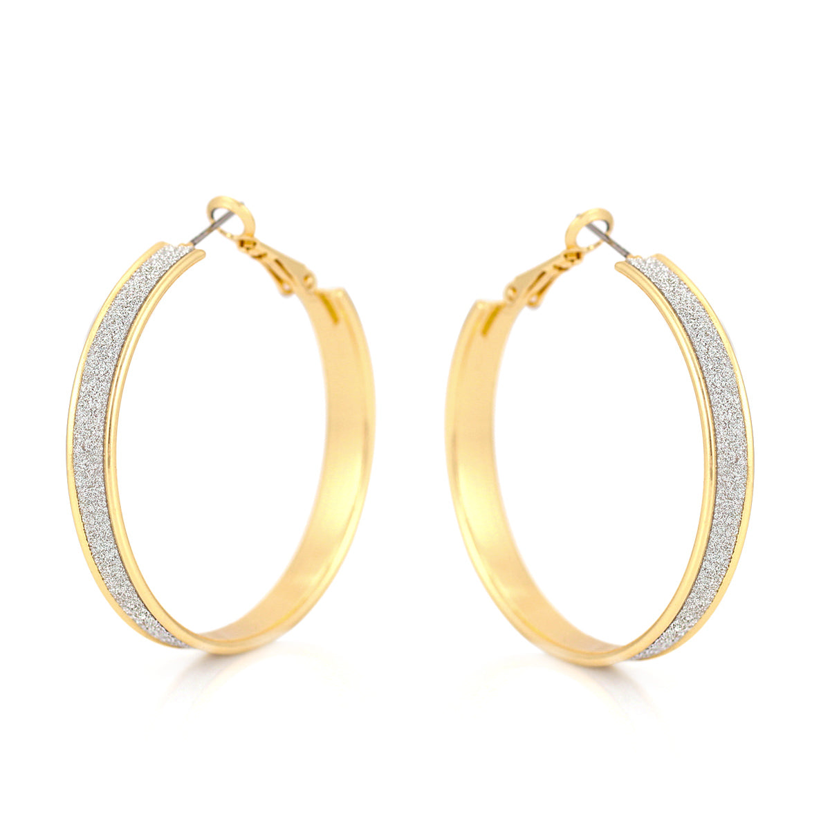 Gold-Tone Metal Silver Glittering Hoop Earrings