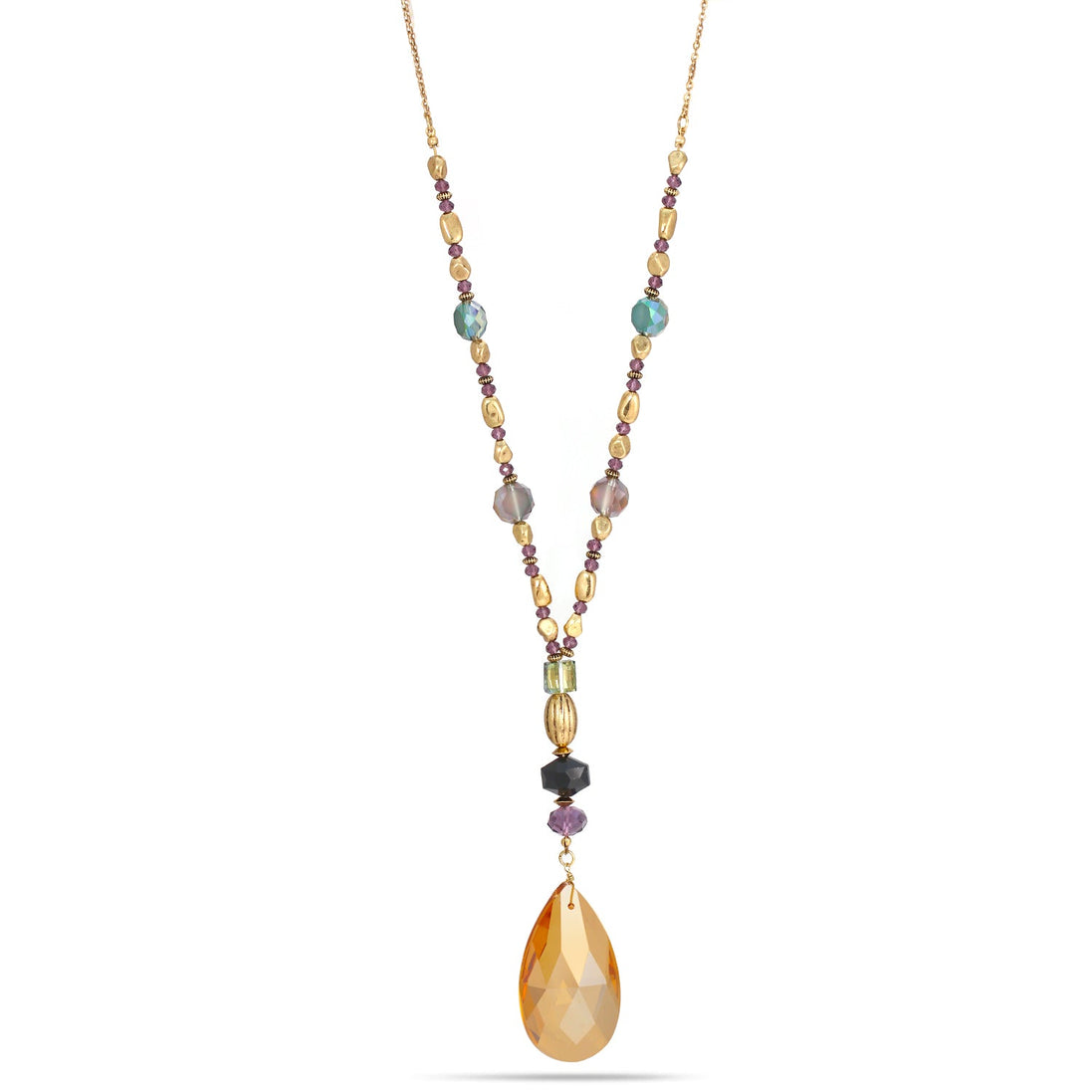 Gold-Tone Metal Multi Colored Beads Ajustable Lobster Claw Closure Necklace 