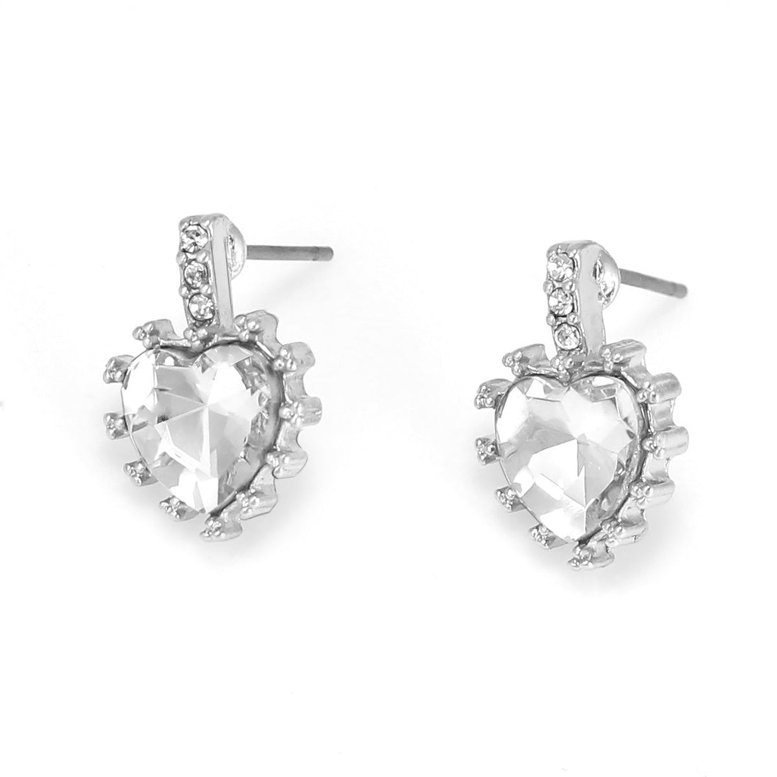 Rhodium-Tone Metal Crystal Heart Stud Earrings