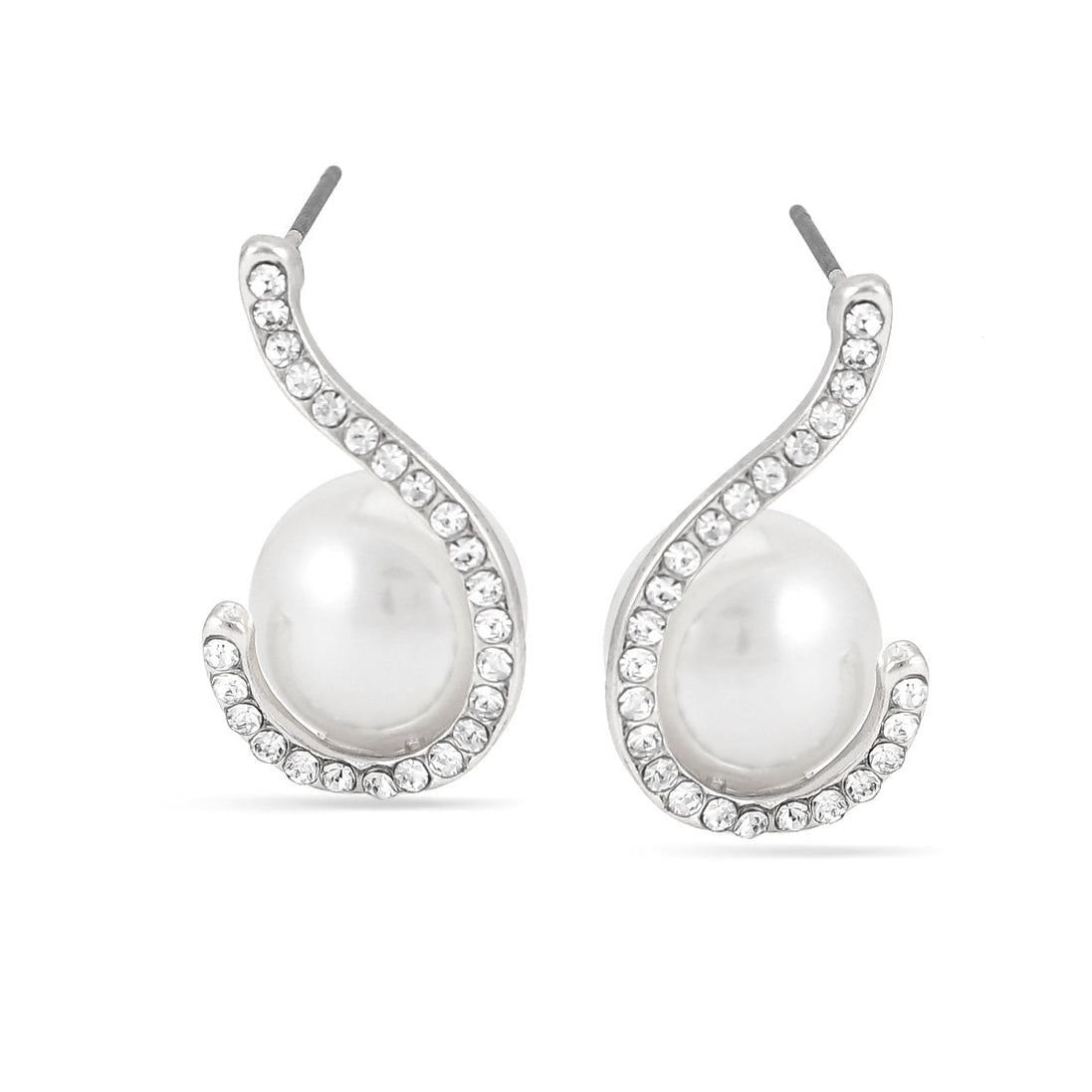 Rhodium-Tone Metal Sprial Crystal Pearl Stud Earrings