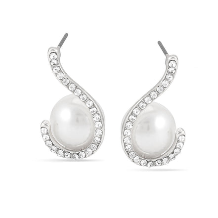 Rhodium-Tone Metal Sprial Crystal Pearl Stud Earrings