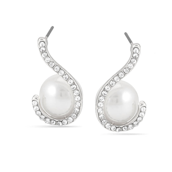 Rhodium-Tone Metal Sprial Crystal Pearl Stud Earrings