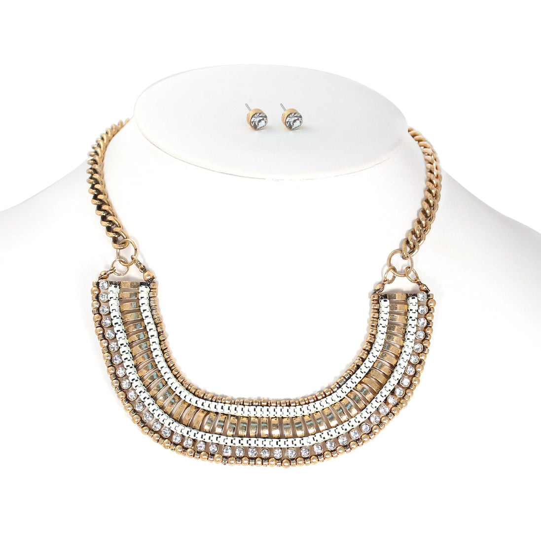 Gold-Tone Metal Crystal Earrings And Adjustable Lobster Claw Closure Statement Necklaces