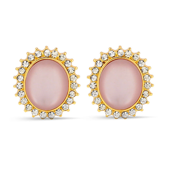 Gold-Tone Metal Peach Moon Stone Rhinestones Crystal Stud Earrings