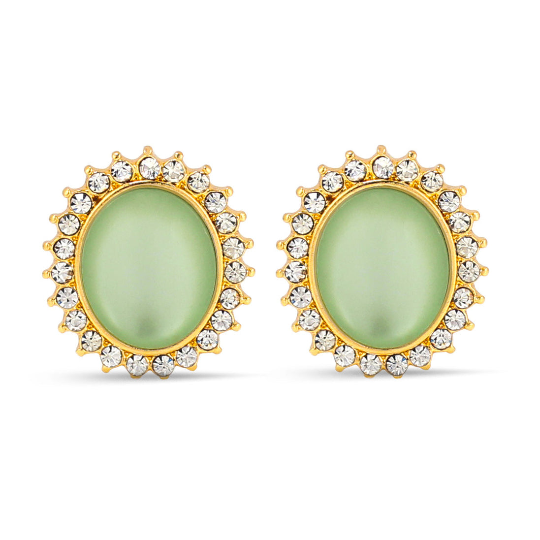 Gold-Tone Metal Green Moon Stone Rhinestones Crystal Stud Earrings