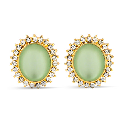 Gold-Tone Metal Green Moon Stone Rhinestones Crystal Stud Earrings
