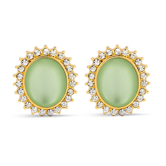 Gold-Tone Metal Green Moon Stone Rhinestones Crystal Stud Earrings
