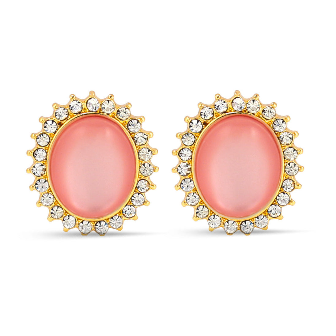 Gold-Tone Metal Peach Moon Stone Rhinestones Crystal Stud Earrings