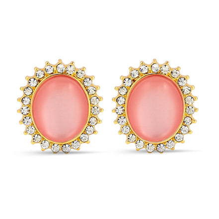 Gold-Tone Metal Peach Moon Stone Rhinestones Crystal Stud Earrings