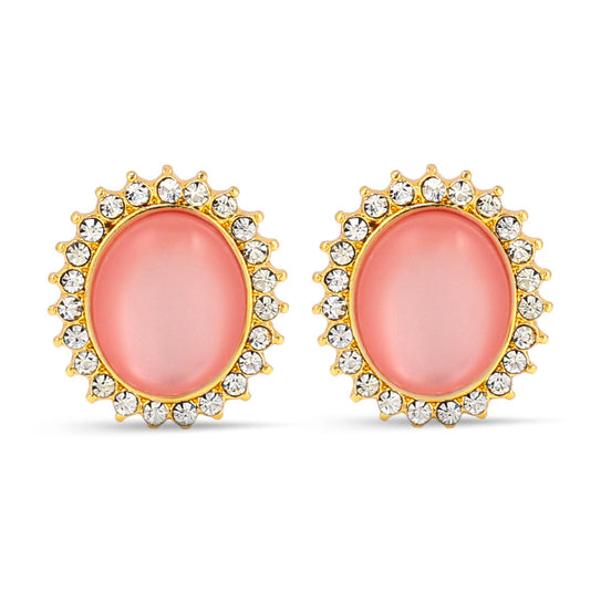 Gold-Tone Metal Peach Moon Stone Rhinestones Crystal Stud Earrings