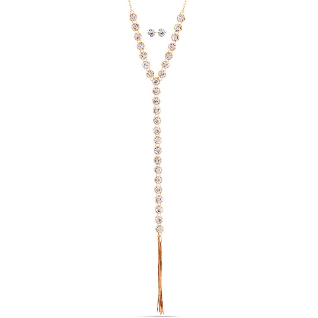 Rose Gold-Tone Metal Crystal Adjustable Lobster Claw Closure Tassel Necklaces