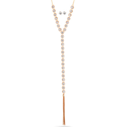Rose Gold-Tone Metal Crystal Adjustable Lobster Claw Closure Tassel Necklaces