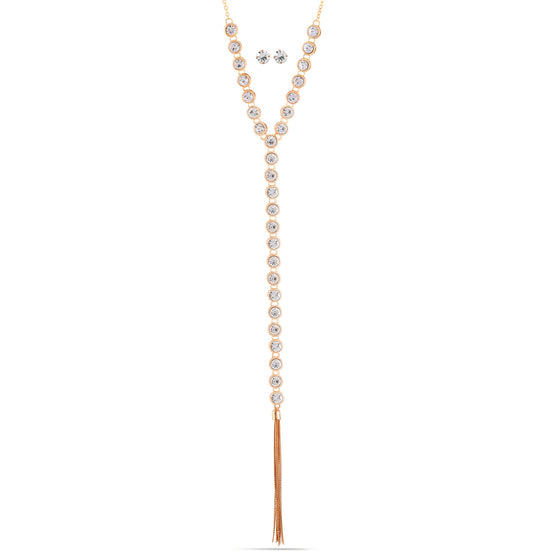 Rose Gold-Tone Metal Crystal Adjustable Lobster Claw Closure Tassel Necklaces