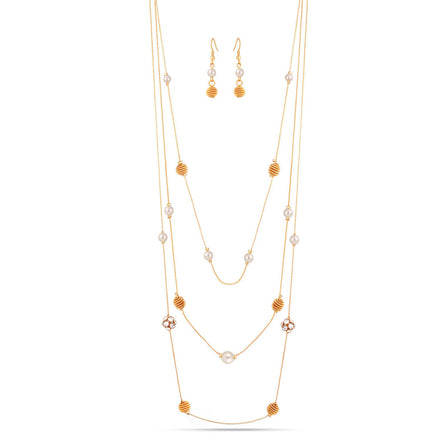 Gold-Tone Metal Crystal Ball Pearl Earrings And Adjustable Lobster Claw Closure Necklace