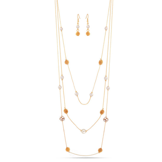 Gold-Tone Metal Crystal Ball Pearl Earrings And Adjustable Lobster Claw Closure Necklace