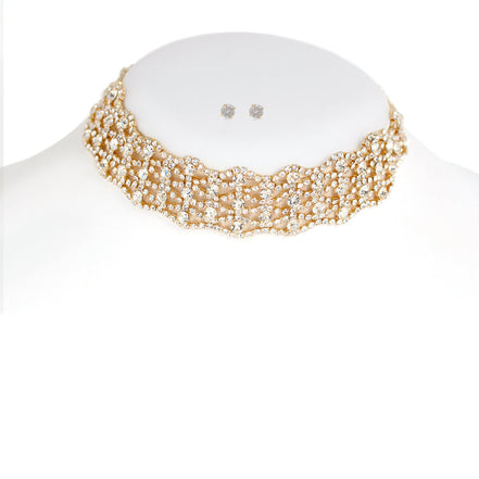 Gold-Tone Metal Crystal Earrings And Adjustable Lobster Claw Closure Choker Necklace
