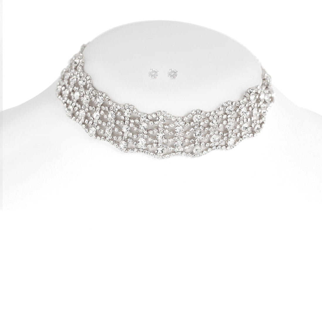 Silver-Tone Metal Crystal Earrings And Adjustable Lobster Claw Closure Choker Necklace