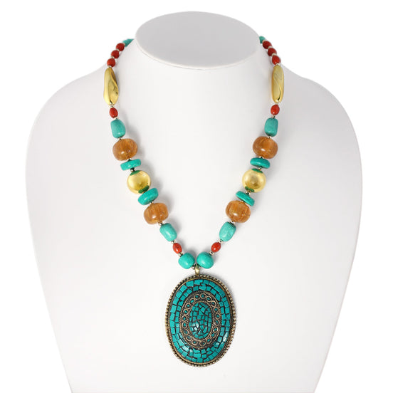 Gold-Tone Metal Turquoise Pendant Lobster Claw Closure Necklaces