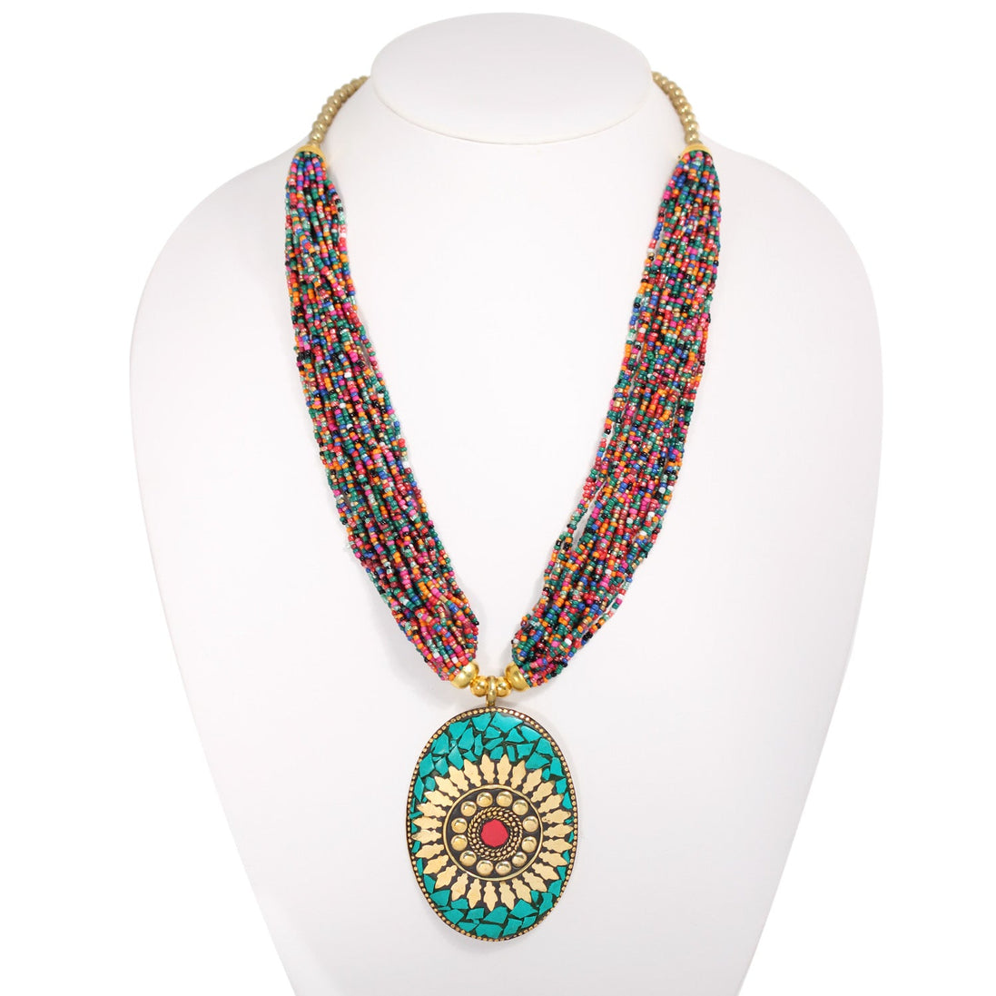 Gold-Tone Metal Turquiuse Pendant Multicolored Seed Beads Adjustable Lobster Claw Closure Layered Necklaces 