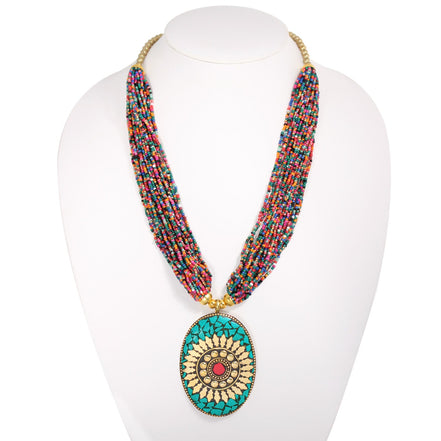 Gold-Tone Metal Turquiuse Pendant Multicolored Seed Beads Adjustable Lobster Claw Closure Layered Necklaces 