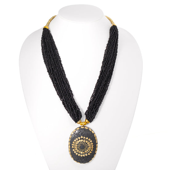 Gold-Tone Metal Pendant Black Seed Beads Adjustable Lobster Claw Closure Layered Necklaes