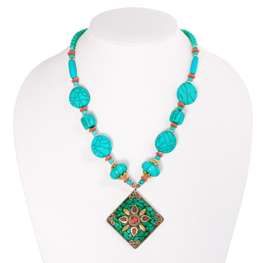 Gold-Tone Metal Turquoise Beads And Pendant Adjustable Lobster Claw Closure Necklaces