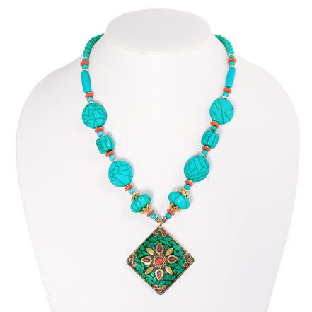 Gold-Tone Metal Turquoise Beads And Pendant Adjustable Lobster Claw Closure Necklaces