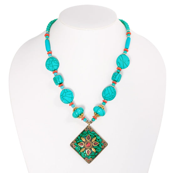 Gold-Tone Metal Turquoise Beads And Pendant Adjustable Lobster Claw Closure Necklaces