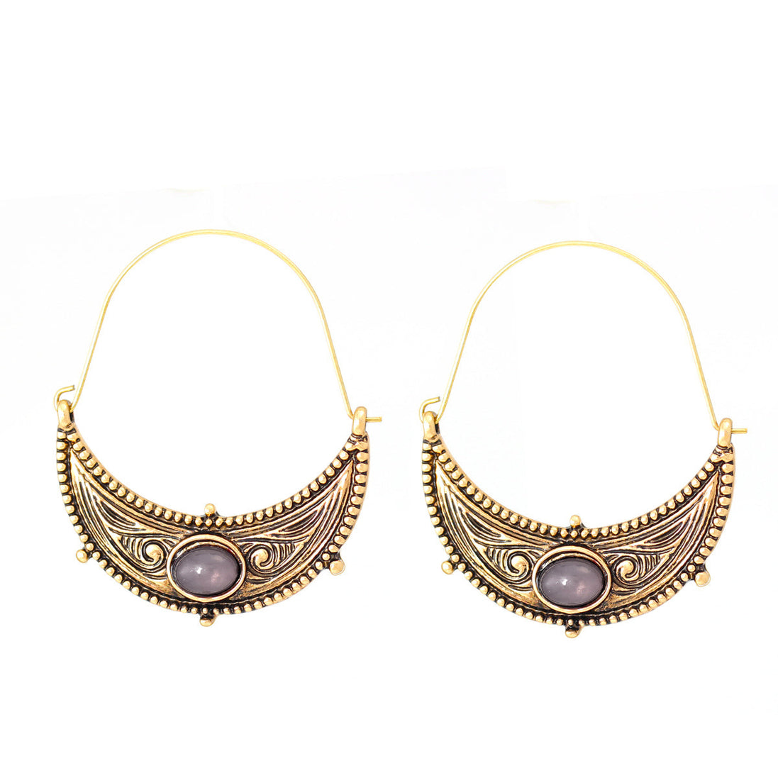 Gold-Tone Metal And Gray Stone Hoop Earrings