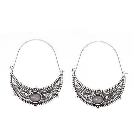 Silver-Tone Metal And Gray Stone Hoop Earrings