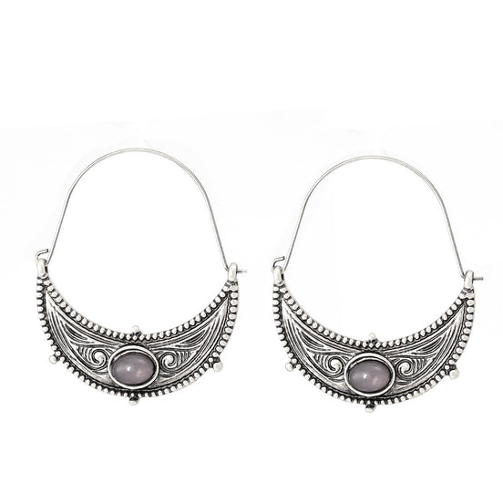 Silver-Tone Metal And Gray Stone Hoop Earrings