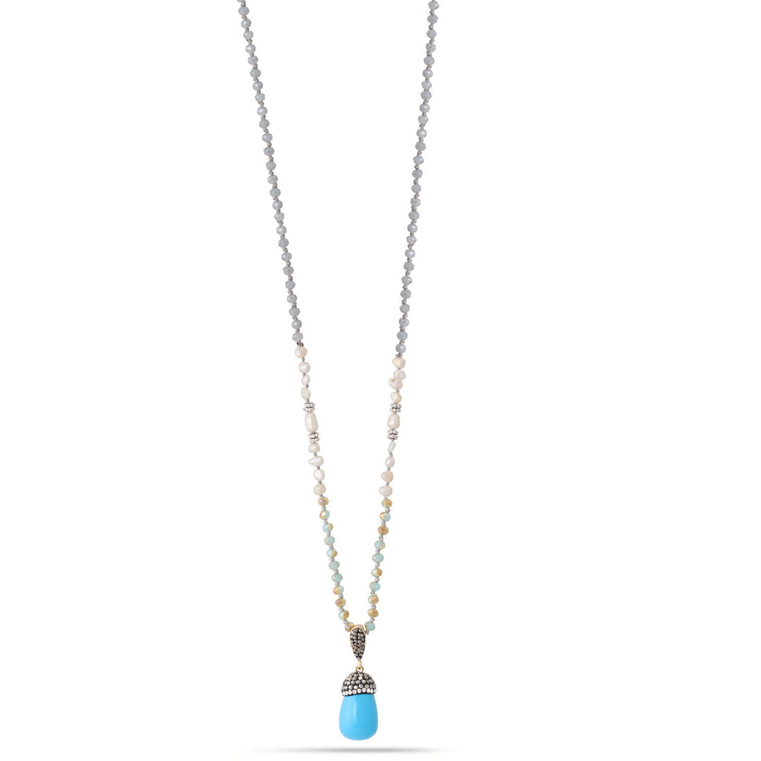 Pearl And Grey Beads Turquoise Crystal Pendant Necklaces