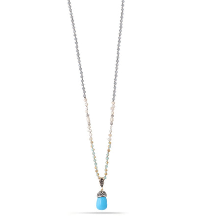 Pearl And Grey Beads Turquoise Crystal Pendant Necklaces
