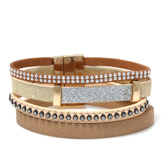 Cream Leather Rhinestones Crystal Gold Magnetic Clasp Bracelet