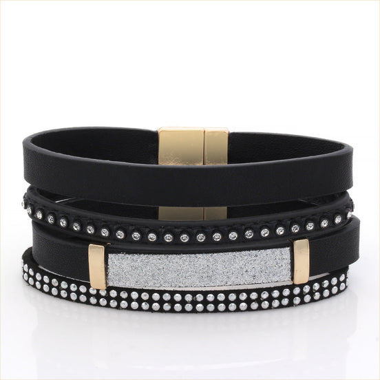 Black Leather Rhinestones Crystal Gold Magnetic Clasp Bracelet