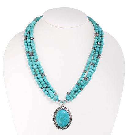 Antique Look Silver-Tone Semi-Precious Turquoise Beads And Oval Pendant Necklace