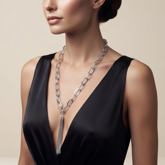 Silver Link Chains With Tassel Necklace #SQ554-N8609EE (SG11-NH14)