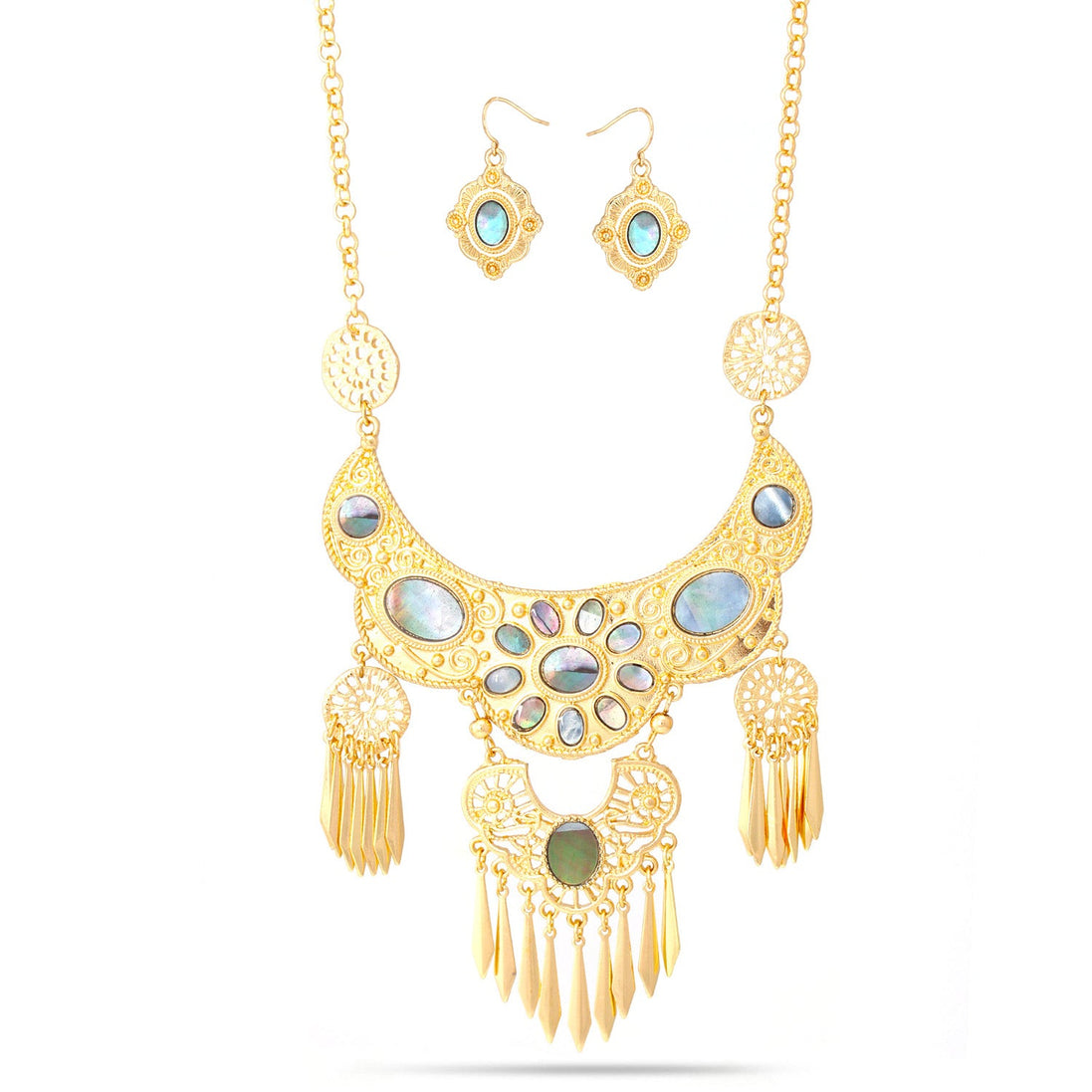 Gold-Tone Metal Abaloneshell Earrings And Adjustable Lobster Clasp Necklaces