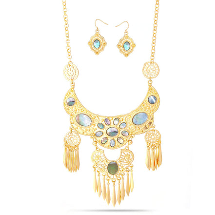 Gold-Tone Metal Abaloneshell Earrings And Adjustable Lobster Clasp Necklaces