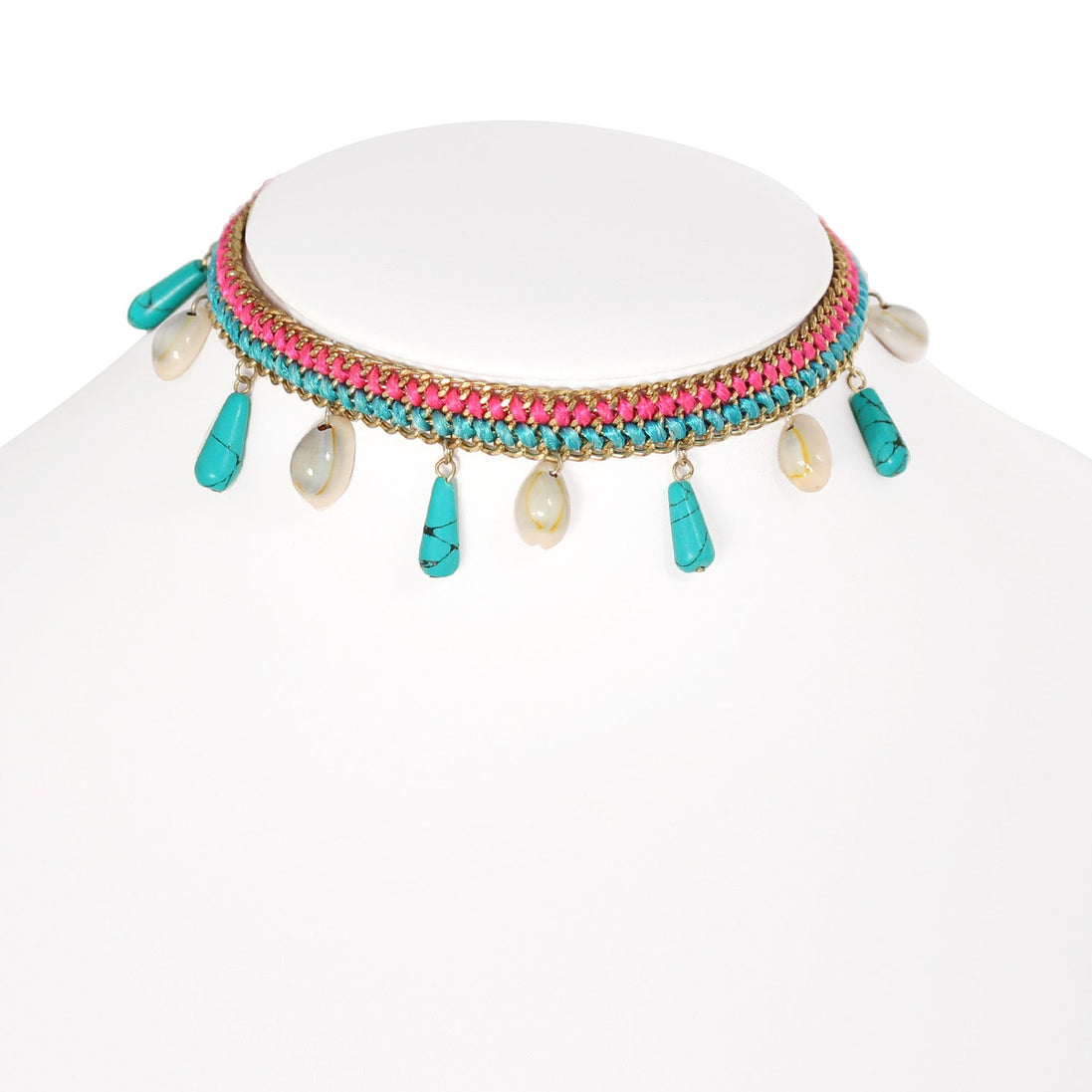 Gold-Tone Metal Turquoise And Pink Cord Cowrie Shell And Turquoise Charms Adjustable Lobster Claw Closure Necklaces