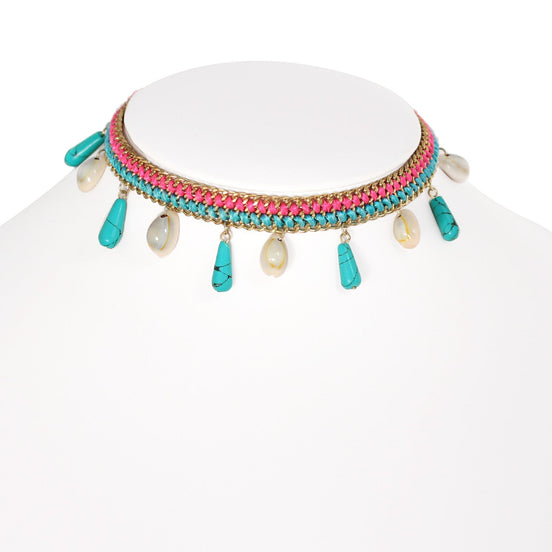 Gold-Tone Metal Turquoise And Pink Cord Cowrie Shell And Turquoise Charms Adjustable Lobster Claw Closure Necklaces