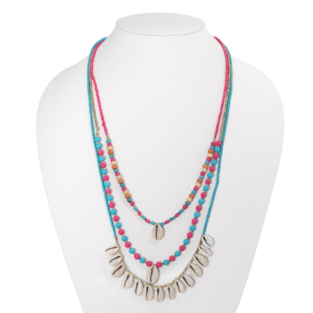 Gold-Tone Metalturquoise And Pink Beads Cowrie Shell  Adjustable Lobster Claw Closure Layered Necklaes