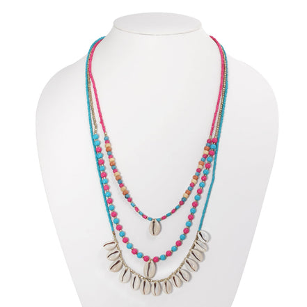 Gold-Tone Metalturquoise And Pink Beads Cowrie Shell  Adjustable Lobster Claw Closure Layered Necklaes