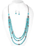 Rhodium-Tone Metal Turquoise Beads Earring And Adjustable Lobster Claw Closure Layered Necklaces Set