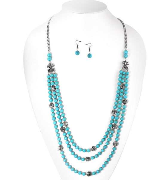 Rhodium-Tone Metal Turquoise Beads Earring And Adjustable Lobster Claw Closure Layered Necklaces Set