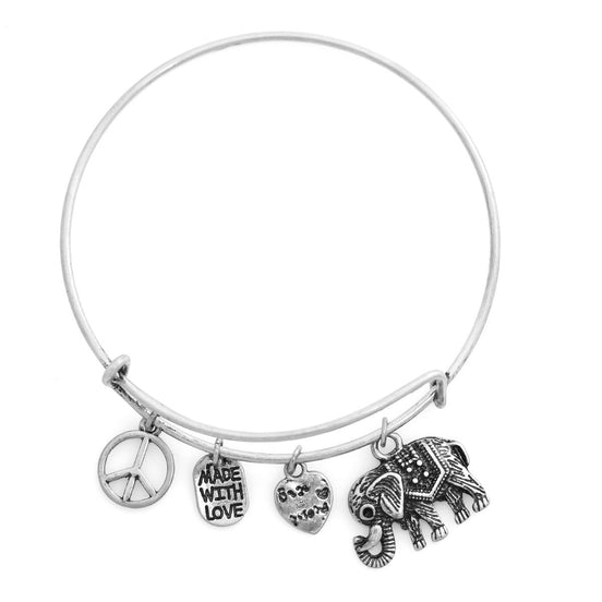 Silver Oxidised-Tone Metal Elephant And Love Charms Bracelet