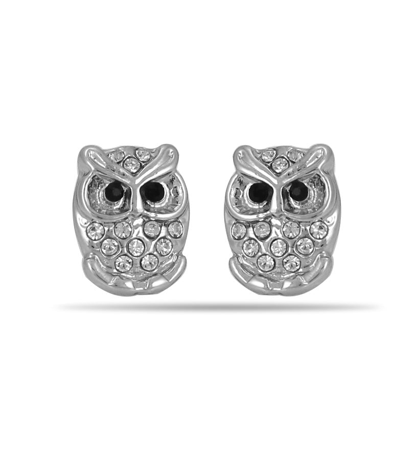 Rhodium-Tone Metal Owl Crystal Stud Earrings