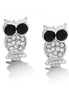 Rhodium-Tone Metal Black And White Crystal Owl Stud Earrings
