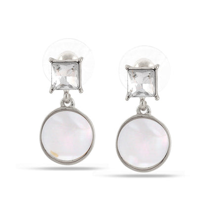 Silver White Crystal Round Mother Of Pearl Stud Earrings