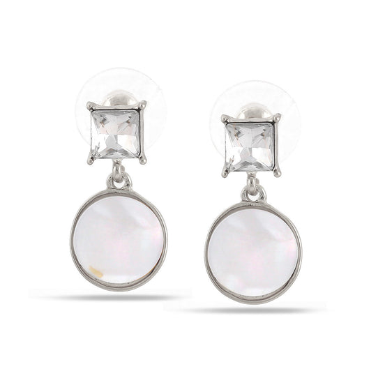 Silver White Crystal Round Mother Of Pearl Stud Earrings